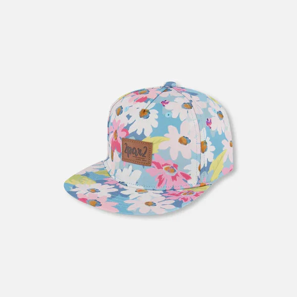 CASQUETTE POUR ENFANT, FLEURS BLANCHES, ROSES ET VERTES