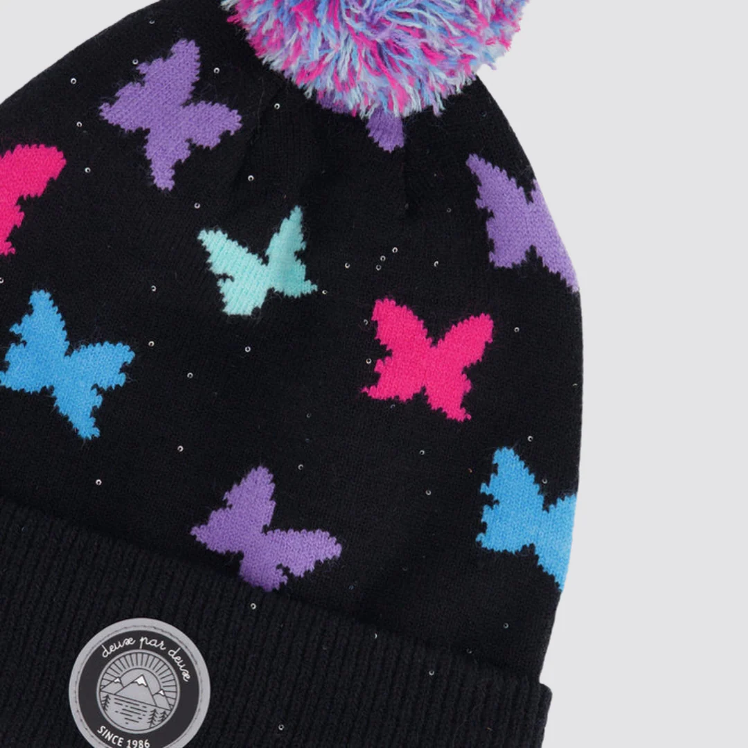 TUQUE DOUBLÉE POUR ENFANT, NOIR IMPRIMÉ PAPILLONS – Image 4