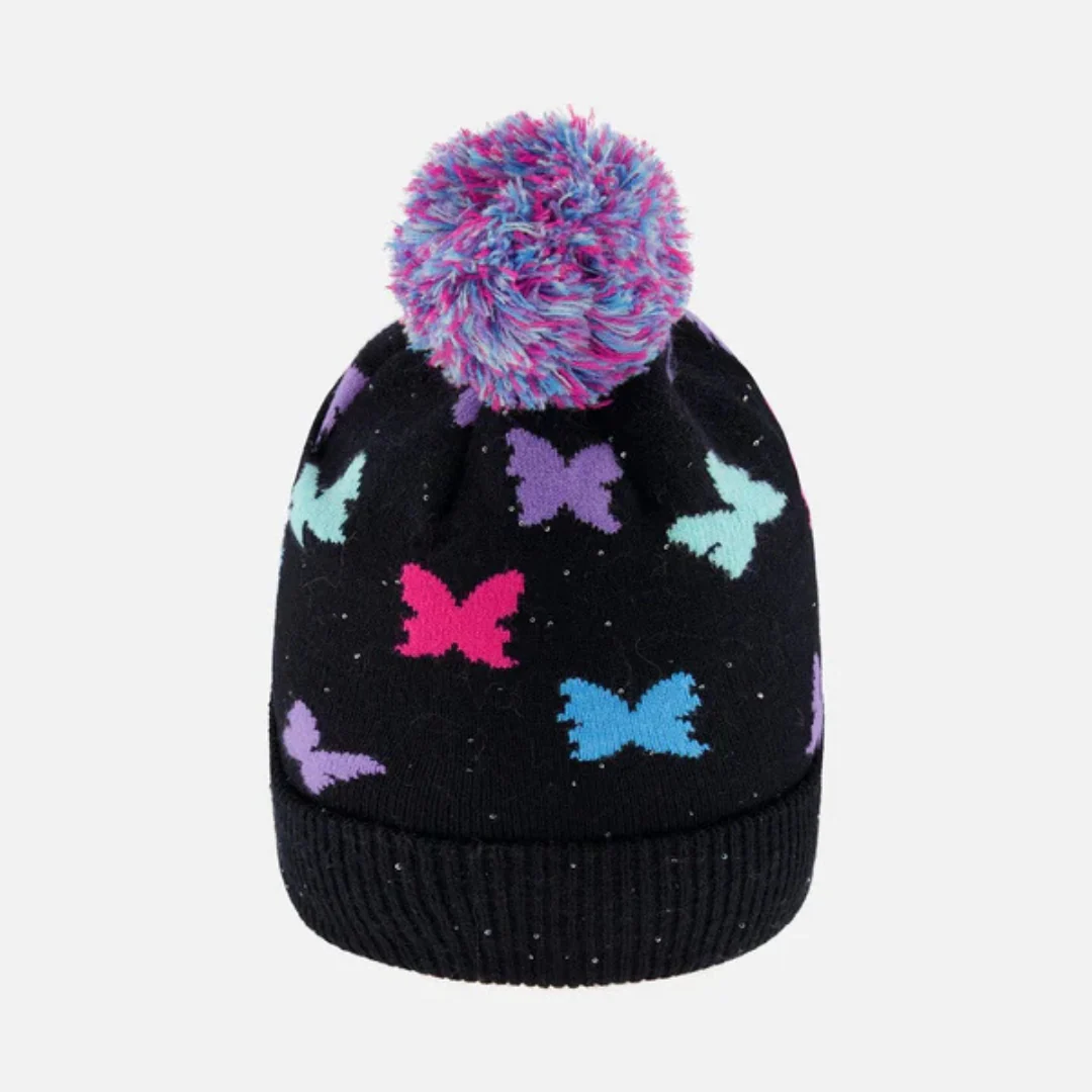 TUQUE DOUBLÉE POUR ENFANT, NOIR IMPRIMÉ PAPILLONS – Image 2