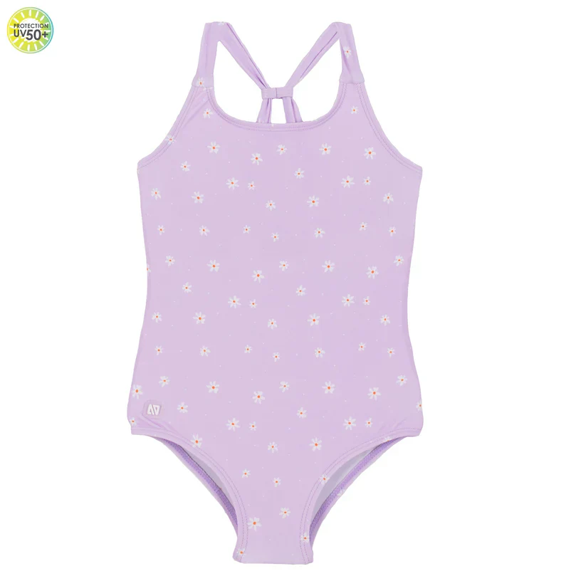 MAILLOT DE BAIN UNE PIÈCE FILLE, LILAS ET MARGUERITES