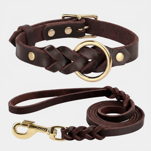 Collier Et Laisse Pour Chien En Cuir Véritable Tressé – Image 2