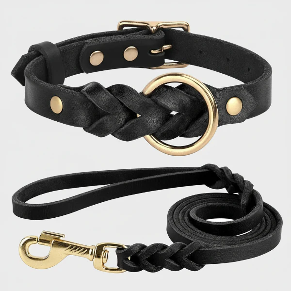 Collier Et Laisse Pour Chien En Cuir Véritable Tressé